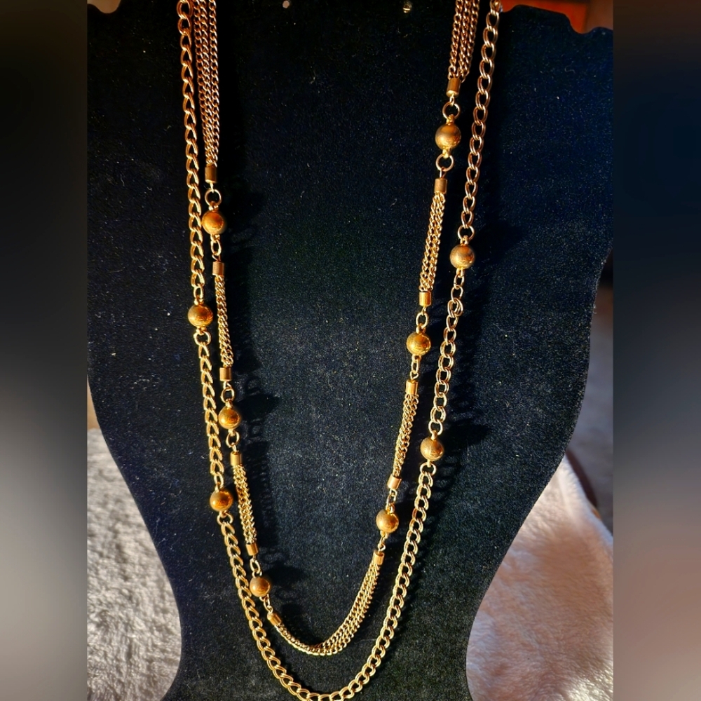 Vintage Gold Tone Multi-Strand Beaded Chain Necklace
